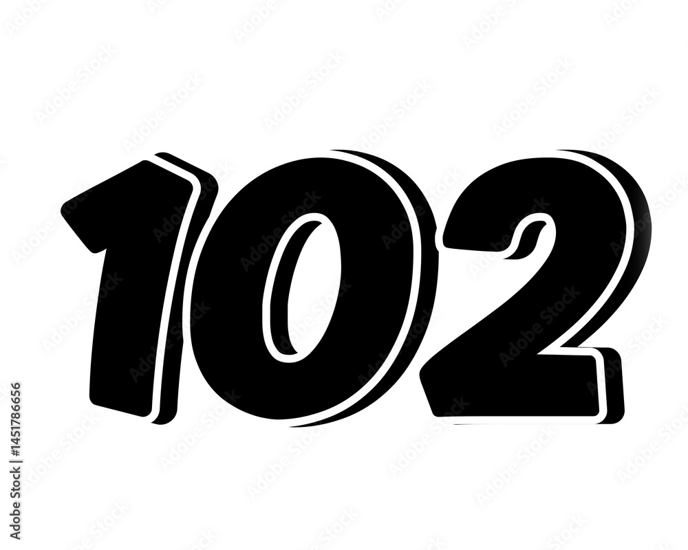 Poster stylized black number 102 on transparent background, with a bold, 3d appearance and shadow effects f