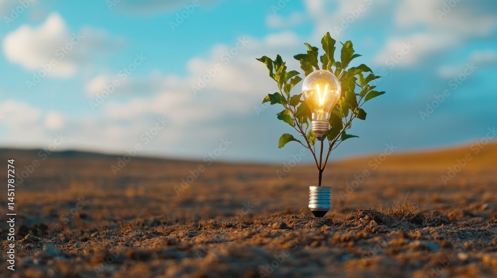 Aufkleber daytime scene with a lightbulb tree growing in the middle of an empty field