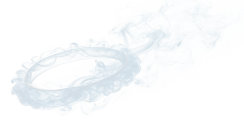  Ethereal light grey, white wispy smoke cloud forming a subtle circular ring shape horizontal abstract texture, delicate vapor pattern element with a transparent background.