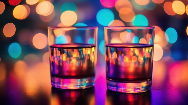 Two shot glasses stand against blurred colorful bokeh lights background. Use this image for celebratory themes, parties, or festive advertisements.