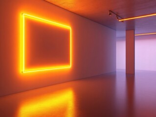 Illuminated Neon Square on Gray Wall in Minimalist Interior with Concrete Flooring and Ceiling Featuring Modern Architecture and Bright Glowing Display