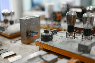 Vintage electronic components on display at an electronics museum highlighting early technology...