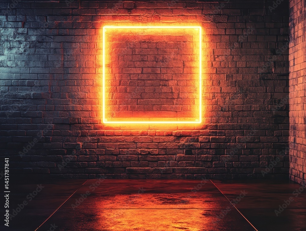 Poster illuminated orange neon square against brick wall with reflections creating abstract background text