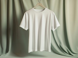 Plain white t-shirt displayed against soft green drapes backdrop demonstrating fashion apparel in a minimalist studio shot