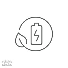Eco battery icon. Simple outline style. Leaf, circle, green energy, recycle, global, electricity, natural, power, environment concept. Thin line symbol. Vector illustration isolated. Editable stroke.