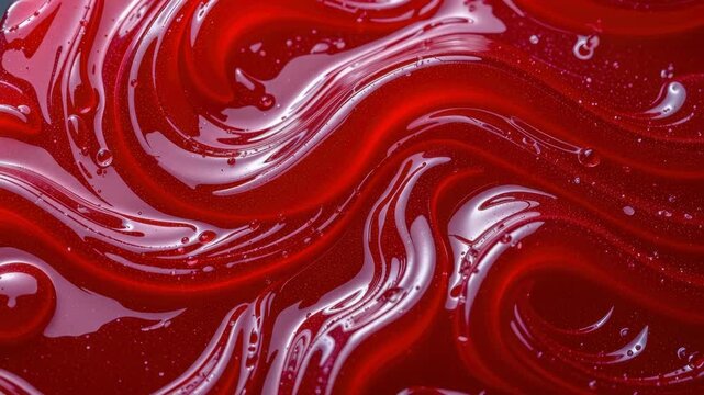 bright candy apple red jelly surface forming glossy undulating waves under micro light, minimal black backdrop, Generative AI.
