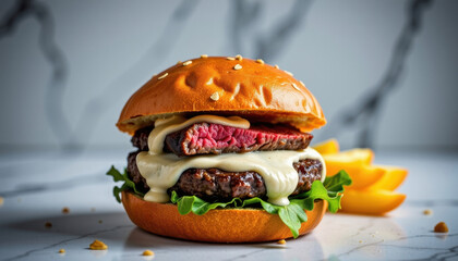 A radiant pearl white truffle-infused wagyu beef burger stacked with edible gold leaf and brioche bun, sleek marble background, macro side view, Generative AI.