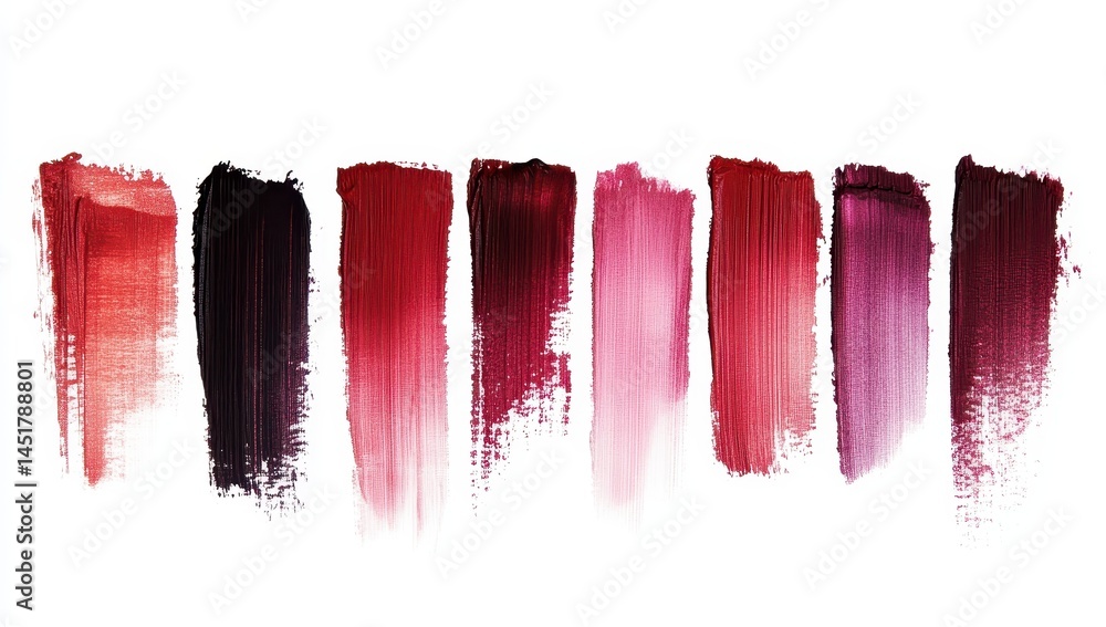 Poster lipstick smears in various shades of red and plum arranged in parallel strokes on a white background