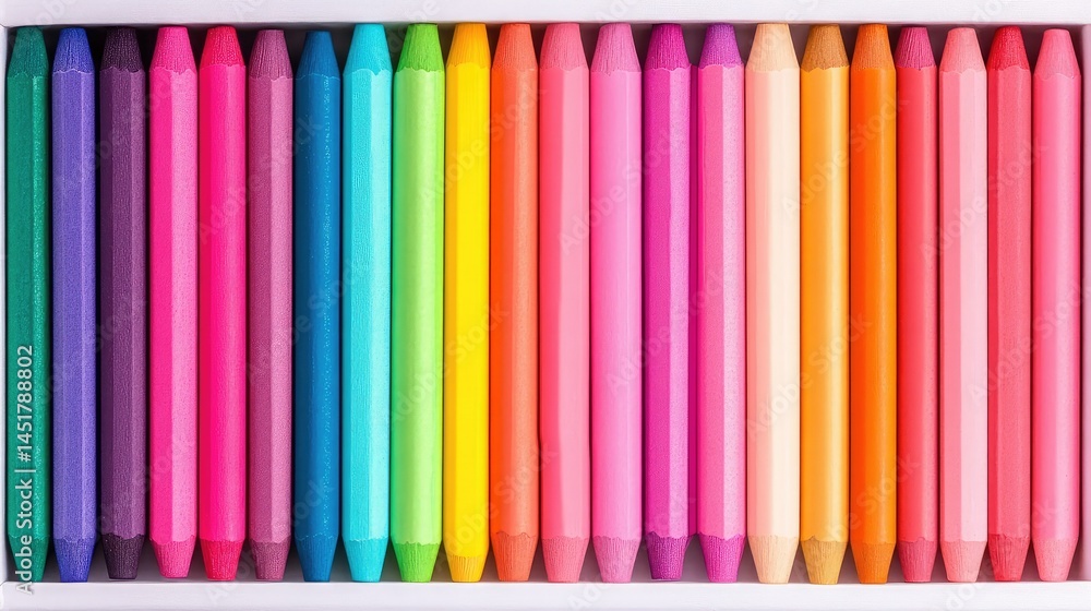 Poster gradient of pastel crayons laid out neatly in an open box with plenty of blank space available for t