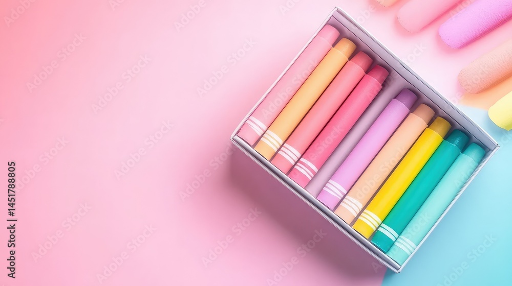 Poster gradient of pastel crayons laid out neatly in an open box with plenty of blank space available for t