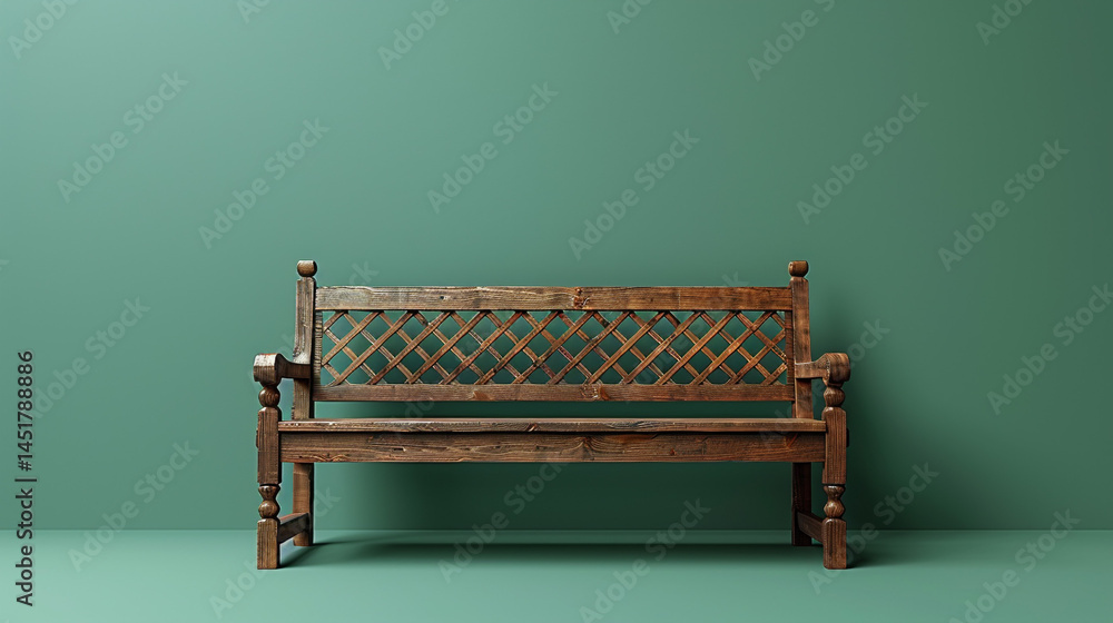 Poster a turkish wooden bench with open latticework on the backrest, set on a sage green background with co