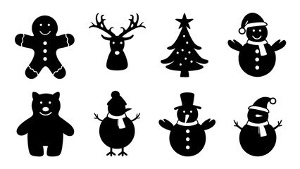 set of christmas icons silhouette vector on white background