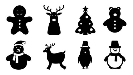 set of christmas icons silhouette vector on white background