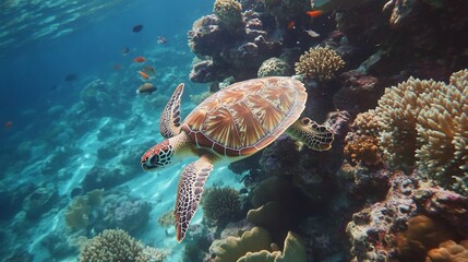 Sea turtle swimming in coral reef