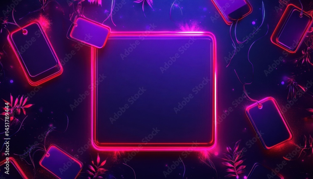 Aufkleber modern abstract frame template with neon lights on dark textured background perfect for tech present