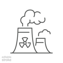 Radiation pollution icon. Simple outline style. Nuclear, power plant, experiment, smoke, industry, environment, technology concept. Thin line symbol. Vector illustration isolated. Editable stroke.