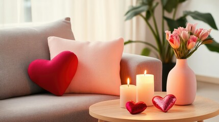 Sleek minimalist living room styled with plush heart-shaped cushions and gentle candlelight for a Valentine vibe