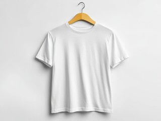 Plain white t-shirt hanging on wooden hanger for fashion apparel design mock-up display with a minimalist and clean style against a white backdrop