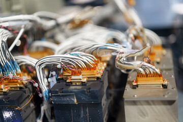 Detailed view of complex wiring in high-tech electrical equipment at a modern manufacturing facility