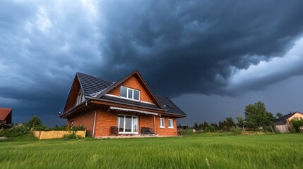 Hailstorm pounding a home, roof visibly breaking under pressure, dramatic sky