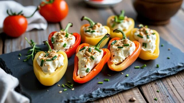 beautiful ivory white goat cheese stuffed peppadew peppers presented on textured slate, rustic chic table setup, Generative AI.