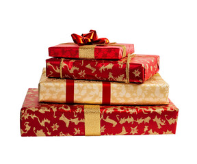 Obraz premium A stack of Christmas gifts wrapped in red and gold paper, isolated on Png Format and Transparent Background