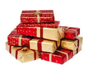 A stack of Christmas gifts wrapped in red and gold paper, isolated on Png Format and Transparent Background