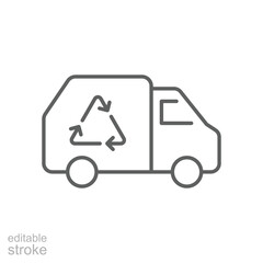 Garbage truck icon. Simple outline style. Landfill, recycling, trash, container, garbage management, vehicle, transportation concept. Thin line symbol. Vector illustration isolated. Editable stroke.