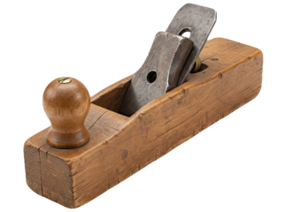 Realistic photo of a 15th-century carpenter’s wooden plane tool, made from solid carved wood with an iron blade insert, visibly aged and worn. Isolated on a transparent background