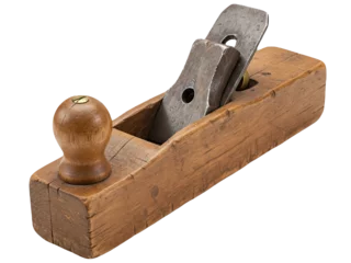 Printed roller blinds Realistic photo of a 15th-century carpenter’s wooden plane tool, made from solid carved wood with an iron blade insert, visibly aged and worn. Isolated on a transparent background