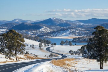 Obraz premium A Highway Passing Through a Snowy Mountain Landscape