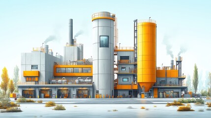 Obraz premium Modern industrial facility with orange accents surrounded by sparse vegetation and smoke stacks