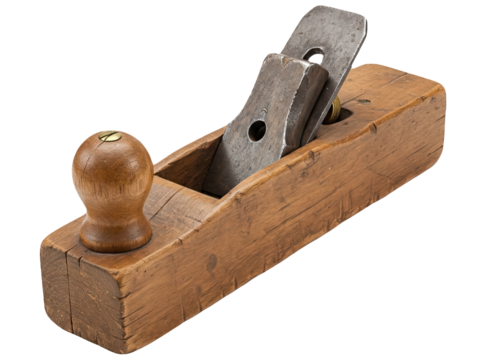 Realistic photo of a 15th-century carpenter’s wooden plane tool, made from solid carved wood with an iron blade insert, visibly aged and worn. Isolated on a transparent background - Powered by Adobe