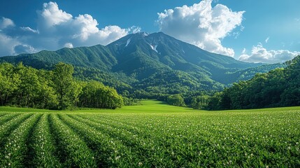 Fototapeta premium Blooming potato field, green valley, forest, majestic mountain, sunny sky