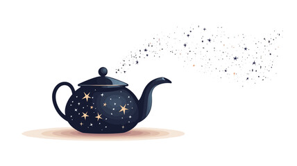 digital illustration depicts a deep blue teapot dotted with glittering gold stars reminiscent of the night sky. The teapot is rendered in a smooth, slightly glossy style with subtle details.