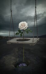 Ethereal Rose Blooming on a Suspended Swing Amidst Dark Landscape