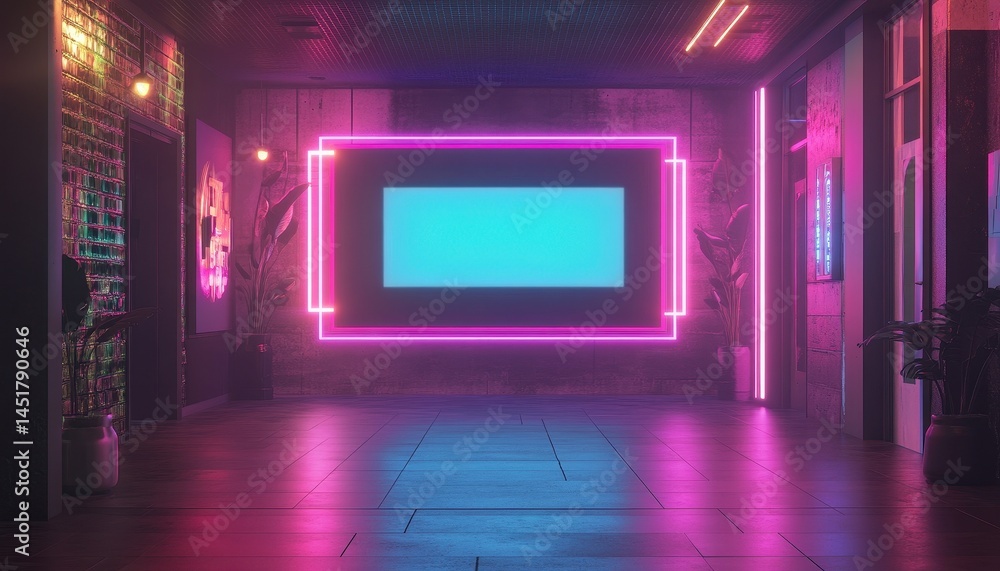 Poster neon rectangle frame glowing in a dark hallway with reflections on the floor a modern abstract inter
