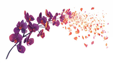 This photo shows a branch of a vivid purple orchid gracefully winding against a pure white background. The intricate details of the orchid's petals are clearly visible and in sharp focus.