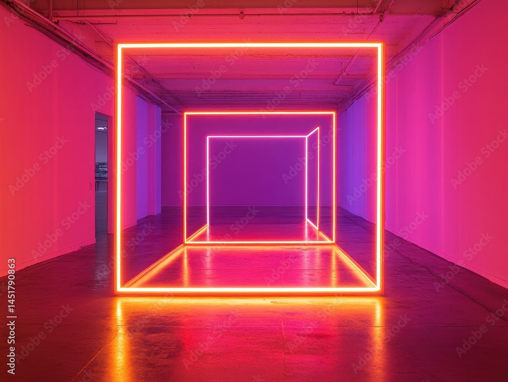 Poster neon square light installation in empty hallway featuring pink red and purple illumination creating 
