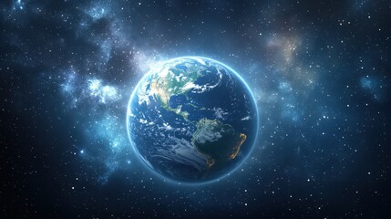Earth From Space View With Galaxy Background. Universe, Stars, World, Blue