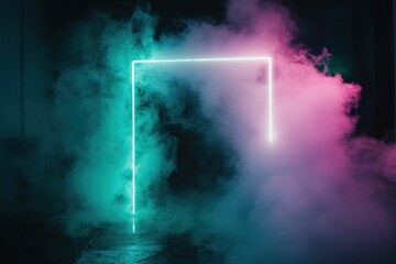 Neon Square Frame Surrounded by Pink and Teal Smoke in a Dark Room with a Modern Futuristic Glowing Effect