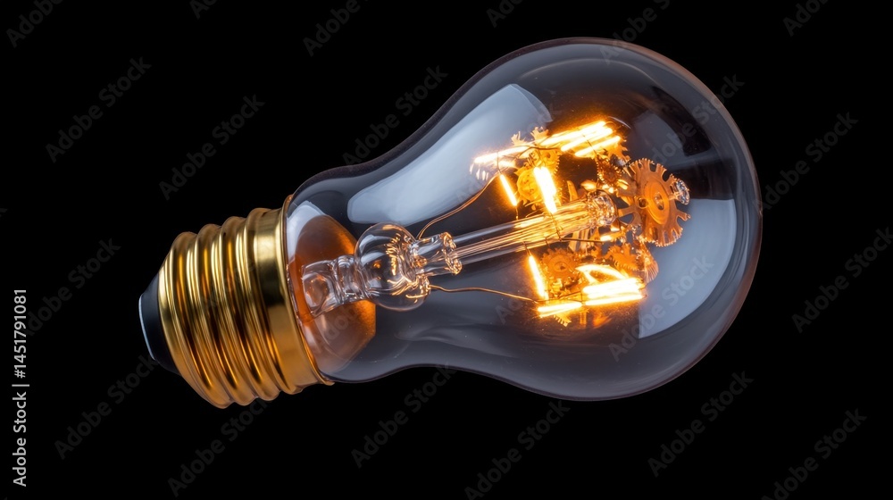 Poster mechanical lightbulb glowing from inside with visible interlocking metal gears