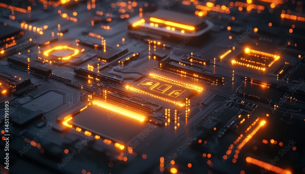 Poster orange glowing circuit board close up view with electronic components and computer hardware highligh