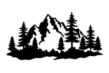 Obraz premium Mountain Landscape Silhouette with Pine Trees, Scenic Nature View, Wilderness Panorama, Outdoor Forest Art, On Transparent Background