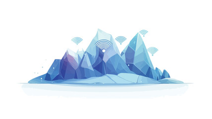 This image features a stylized mountain range in a low-polygonal geometric style. The mountains are depicted in a gradient combination of blue and purple, creating a cool