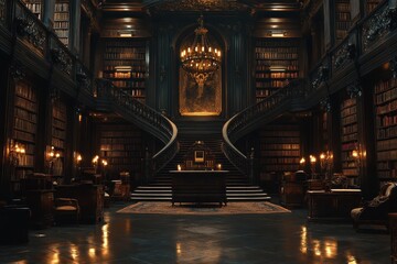 Obraz premium Ornate Dark Library Interior with Glowing Chandeliers Bookshelves and Arched Architecture Featuring Wooden Structure and Classic Design Elements