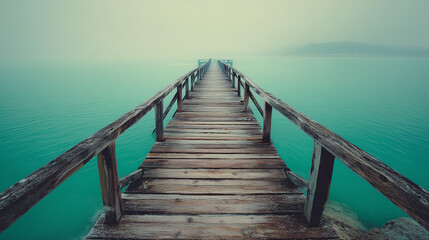 Fototapeta premium Old wooden pier stretching into turquoise misty lake