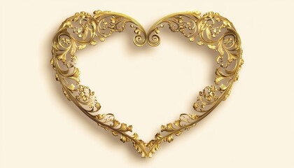 Ornate Golden Heart Shape with Floral Details on Beige Background for Romantic Valentine's Day Celebration
