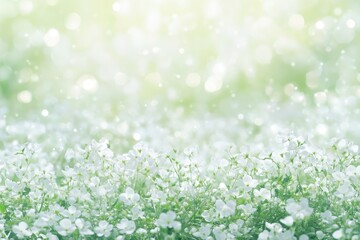 Soft-focus image of a field of tiny white flowers.  Sunlight filters through, creating a bokeh effect