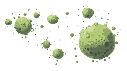 A digital illustration depicts a group of abstract, irregularly shaped green objects set against a pure white background. The objects vary in size and are slightly jagged.